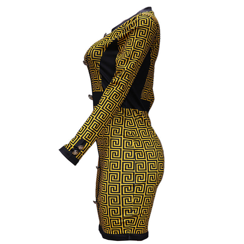 LADIES LONG SLEEVE DRESS YELLOW-BLACK / KHAKI-BLACK (SIZE S - XL)