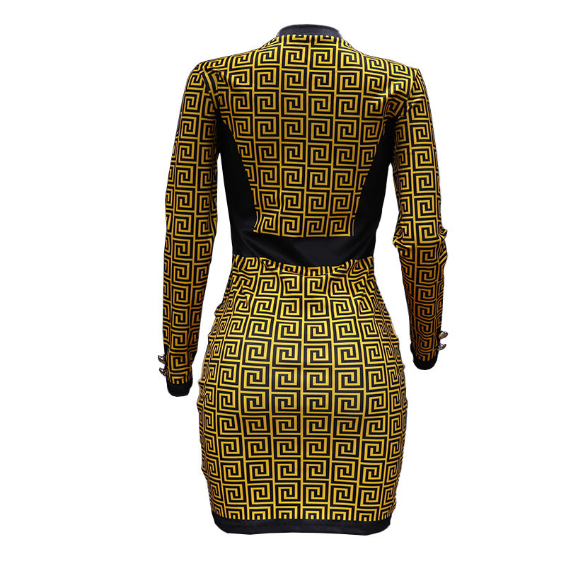 LADIES LONG SLEEVE DRESS YELLOW-BLACK / KHAKI-BLACK (SIZE S - XL)