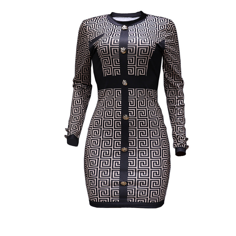 LADIES LONG SLEEVE DRESS YELLOW-BLACK / KHAKI-BLACK (SIZE S - XL)