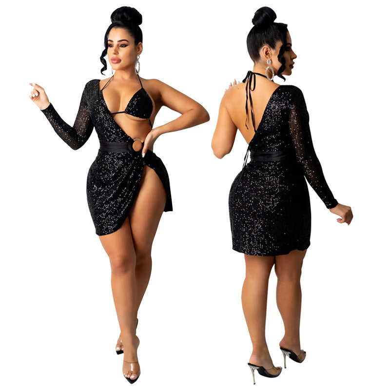 LADIES ONE SLEEVE MINI DRESS RED / BLACK / CHAMPAGNE (SIZE S - 2XL)
