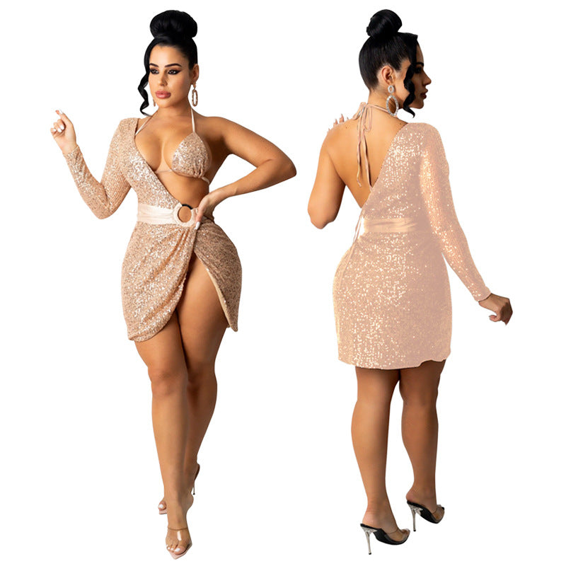 LADIES ONE SLEEVE MINI DRESS RED / BLACK / CHAMPAGNE (SIZE S - 2XL)