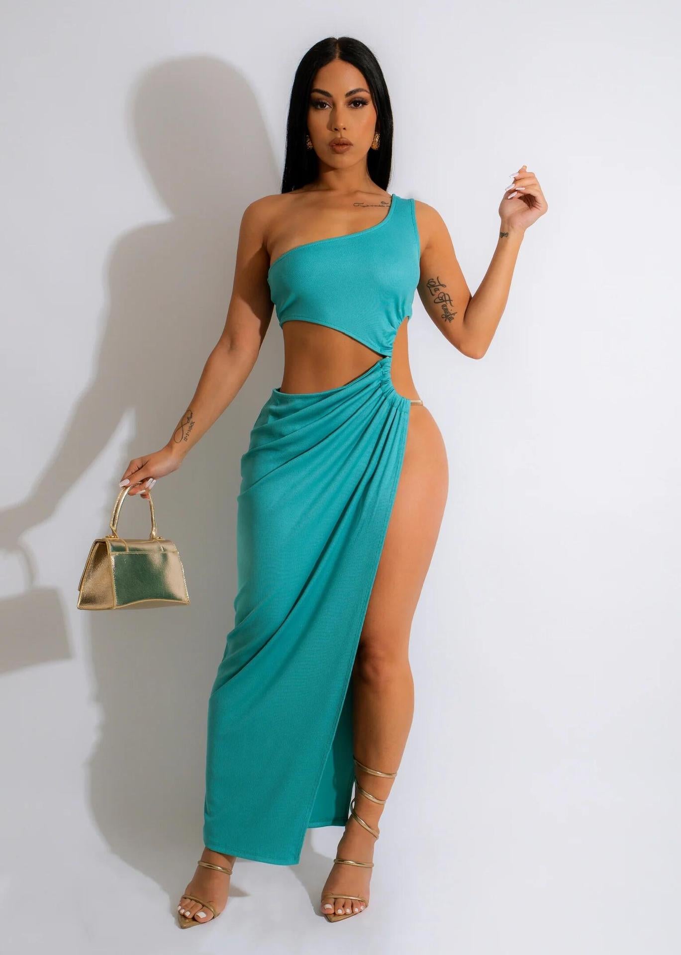 LADIES CUT OUT DRESS PINK / BLACK / TURQUOISE BLUE (SIZE - 2XL)