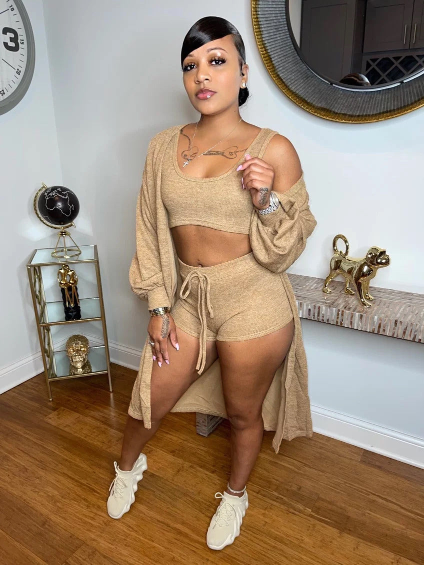 LADIES 3 PIECE SHORTS SET DARK KHAKI / BLUE / WINE RED / DARK GREEN (SIZE S - XL)