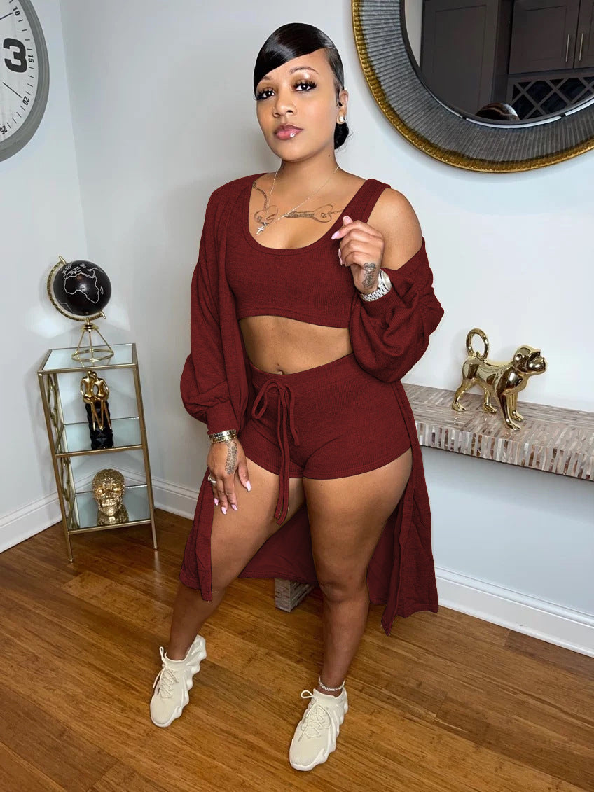 LADIES 3 PIECE SHORTS SET DARK KHAKI / BLUE / WINE RED / DARK GREEN (SIZE S - XL)