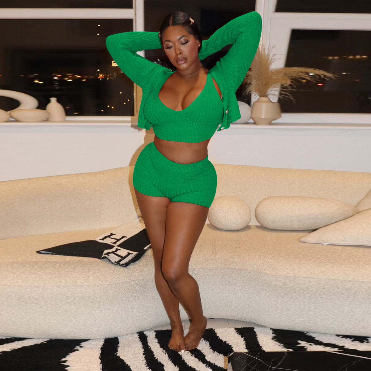 LADIES 3 PIECE SHORTS SET PINK / GREEN (SIZE S - 2XL)