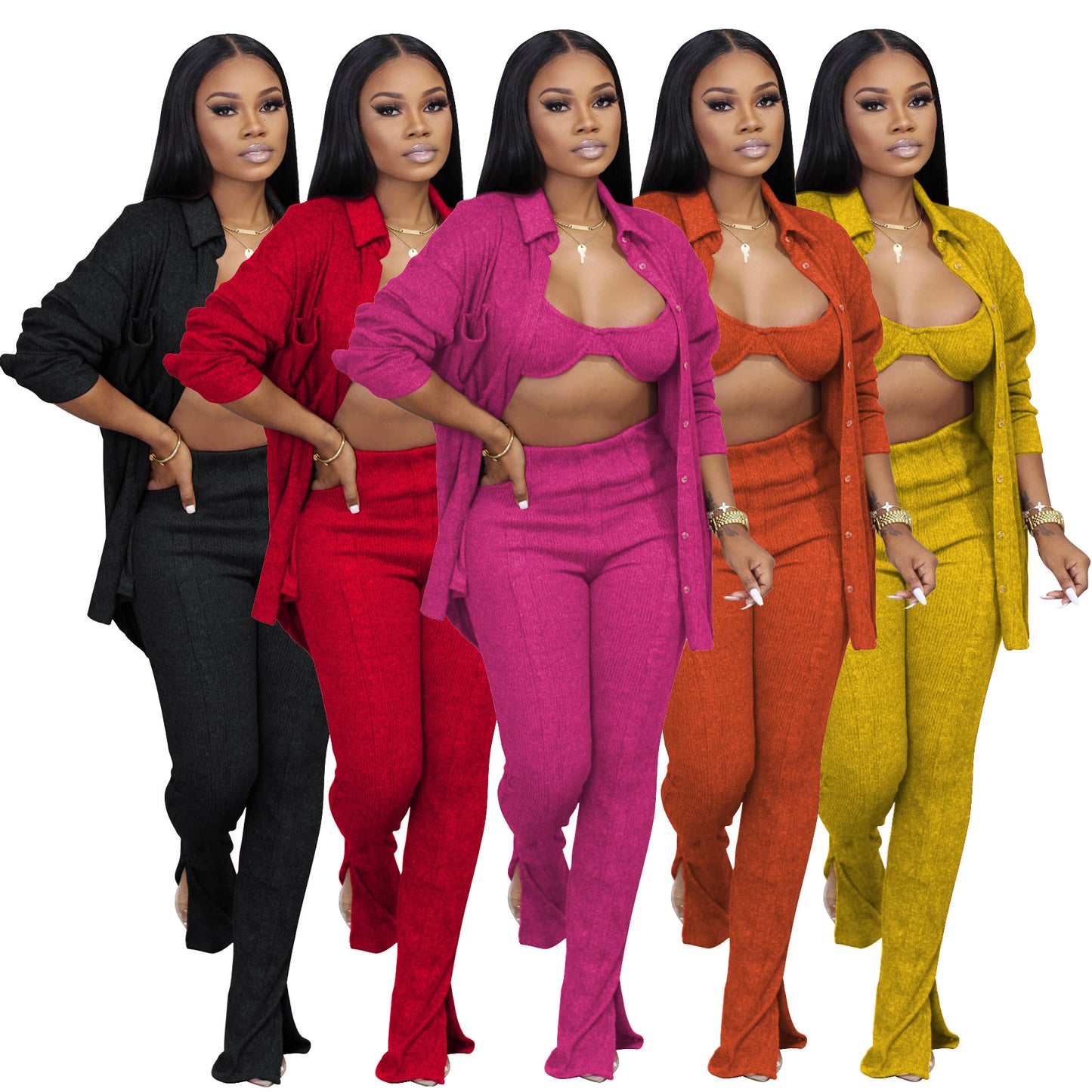 LADIES 3 PIECE PANTS SET BLACK / RED / ORANGE / YELLOW / PINK (SIZE S - 2XL)