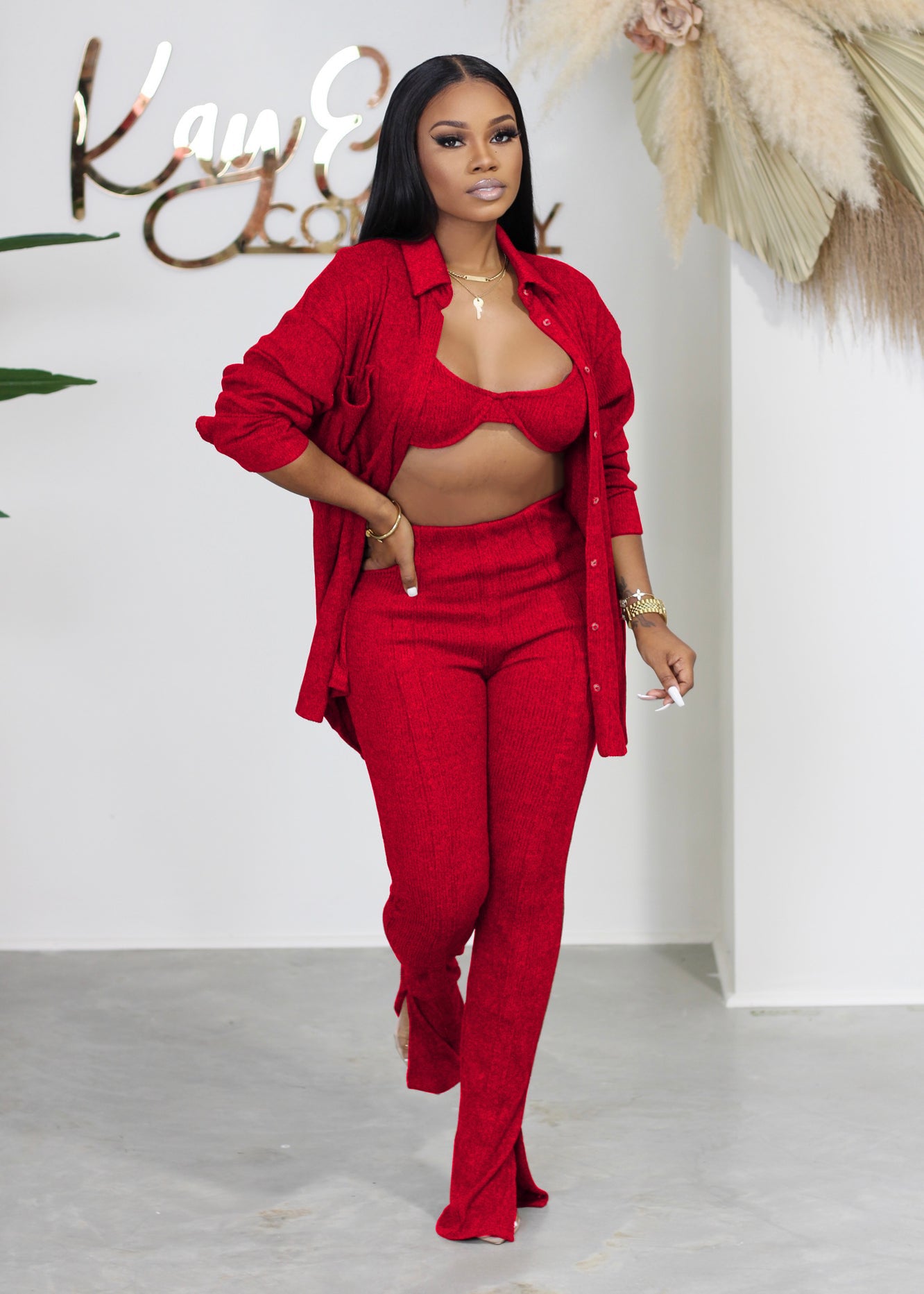 LADIES 3 PIECE PANTS SET BLACK / RED / ORANGE / YELLOW / PINK (SIZE S - 2XL)