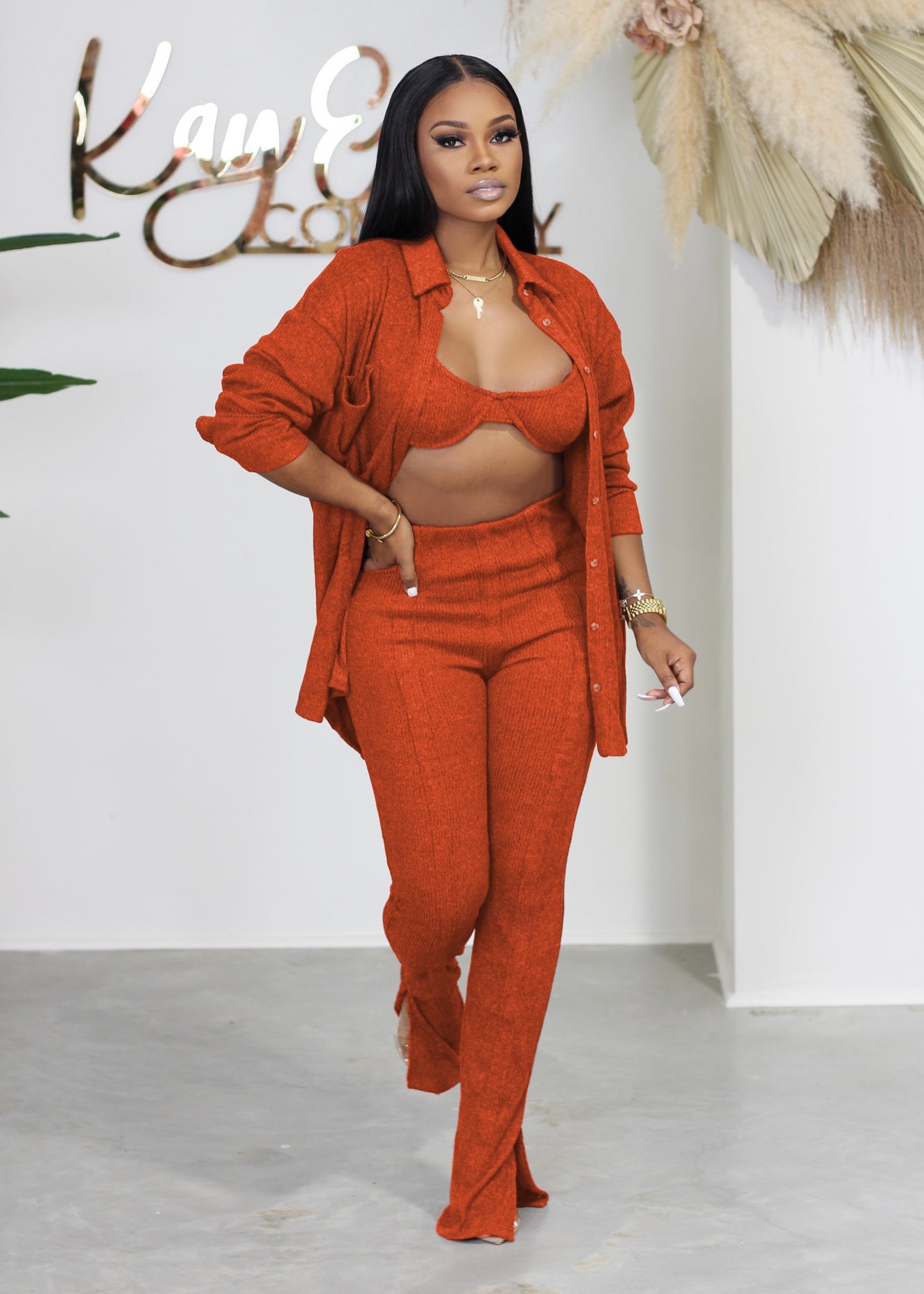 LADIES 3 PIECE PANTS SET BLACK / RED / ORANGE / YELLOW / PINK (SIZE S - 2XL)