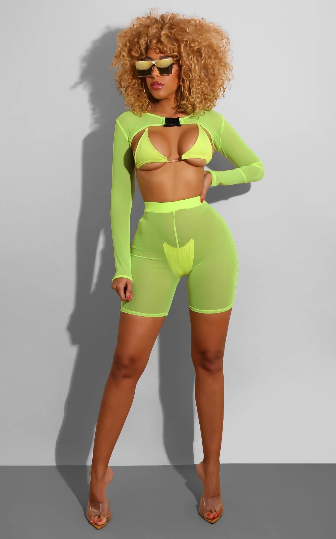 LADIES MESH BIKINI SET BLACK / BRIGHT GREEN (SIZE S - 2XL)