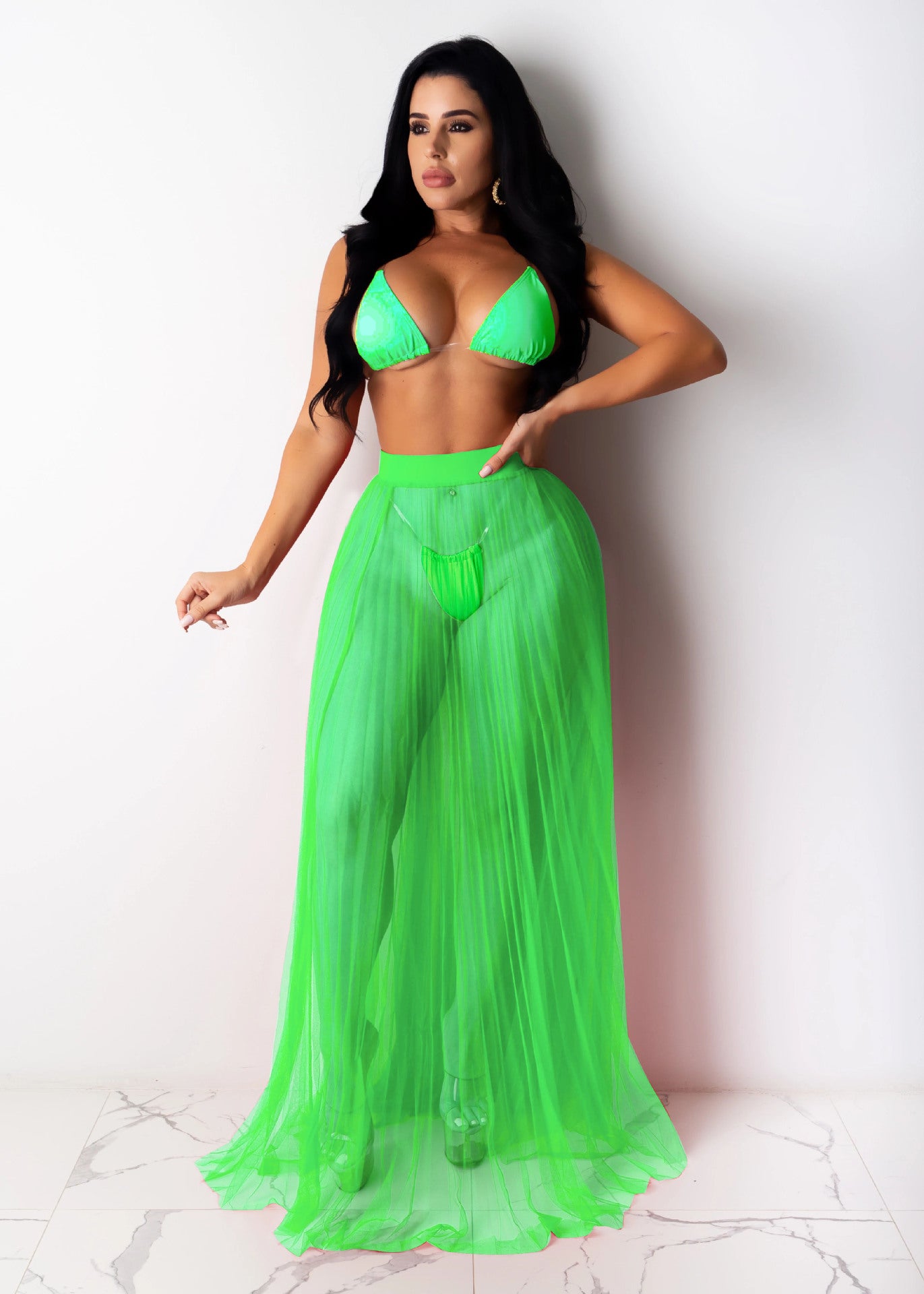 LADIES 3 PIECE BEACHWEAR SET RED / GREEN / BLACK (SIZE S - 4XL)