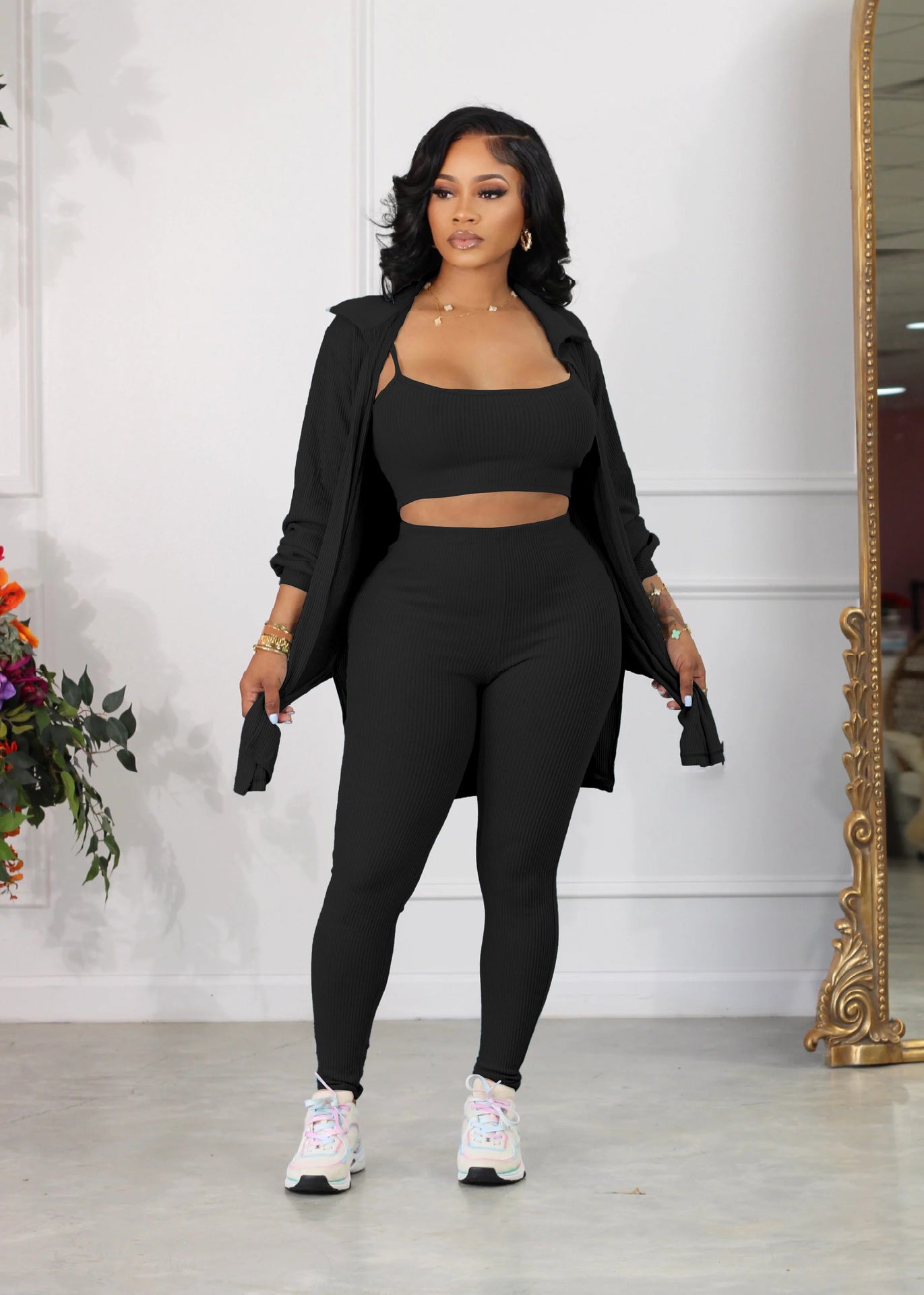 LADIES 3 PIECE PANTS SET BLACK / APRICOT / BLUE / GREEN (SIZE S - XL)