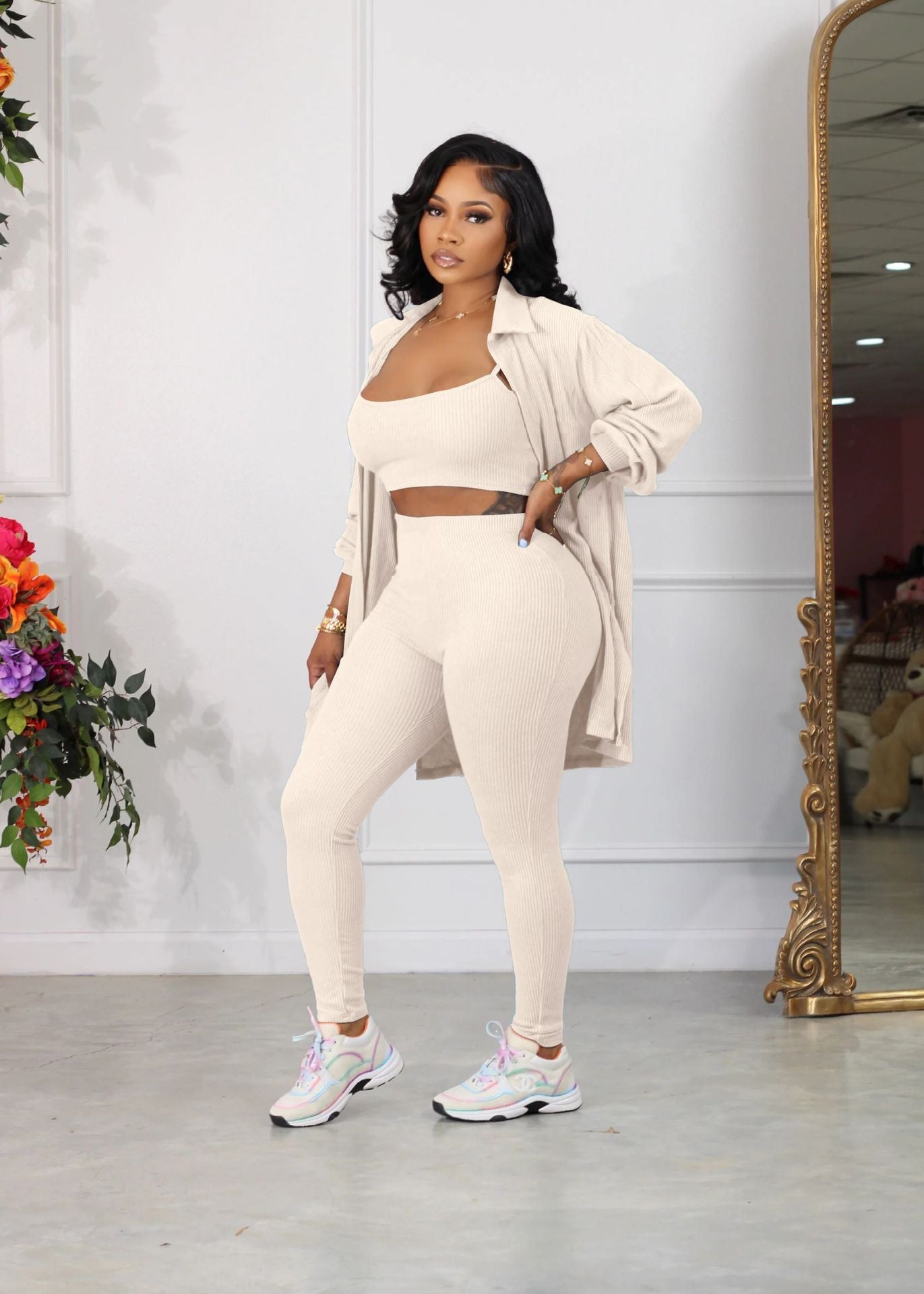 LADIES 3 PIECE PANTS SET BLACK / APRICOT / BLUE / GREEN (SIZE S - XL)