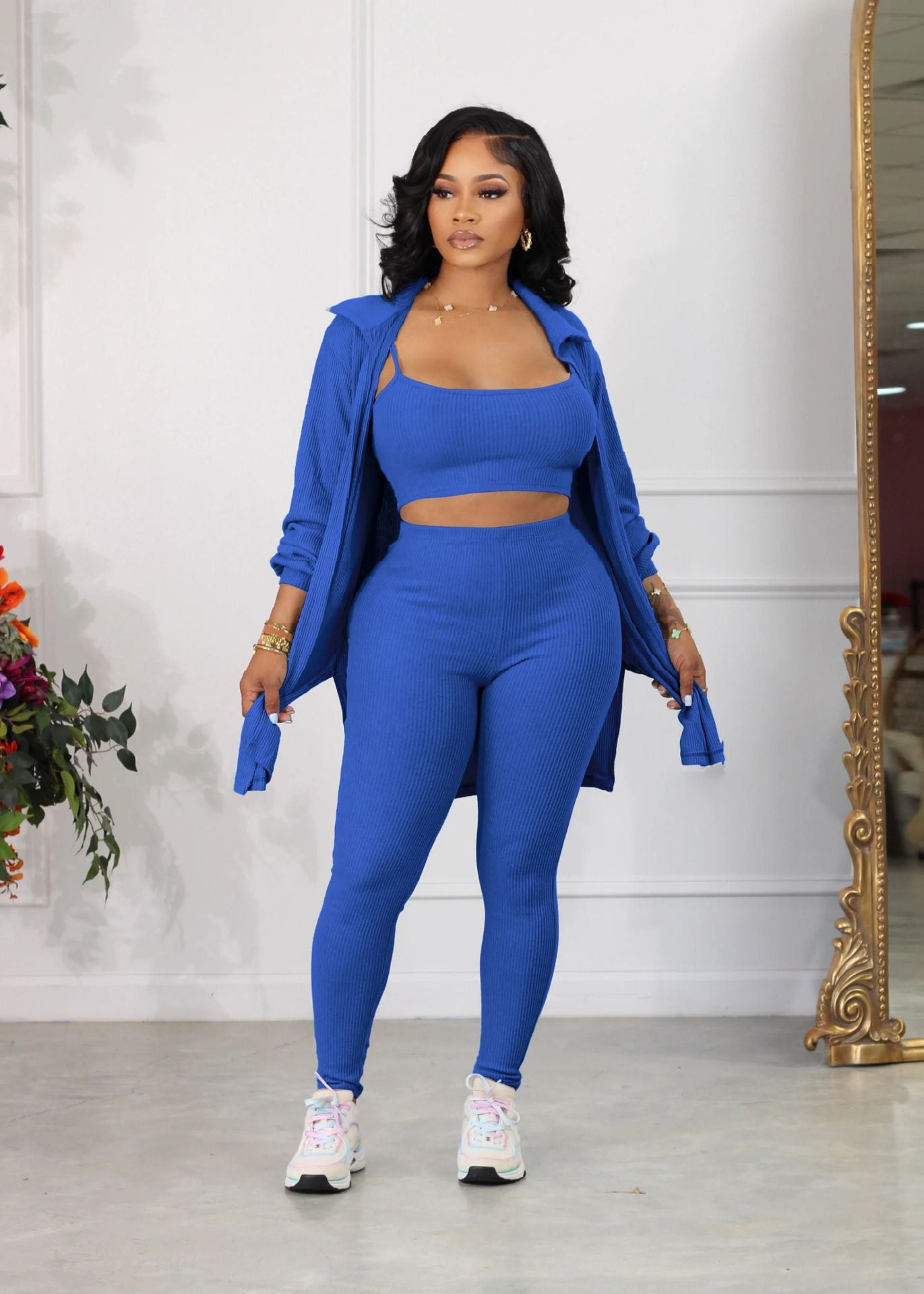 LADIES 3 PIECE PANTS SET BLACK / APRICOT / BLUE / GREEN (SIZE S - XL)