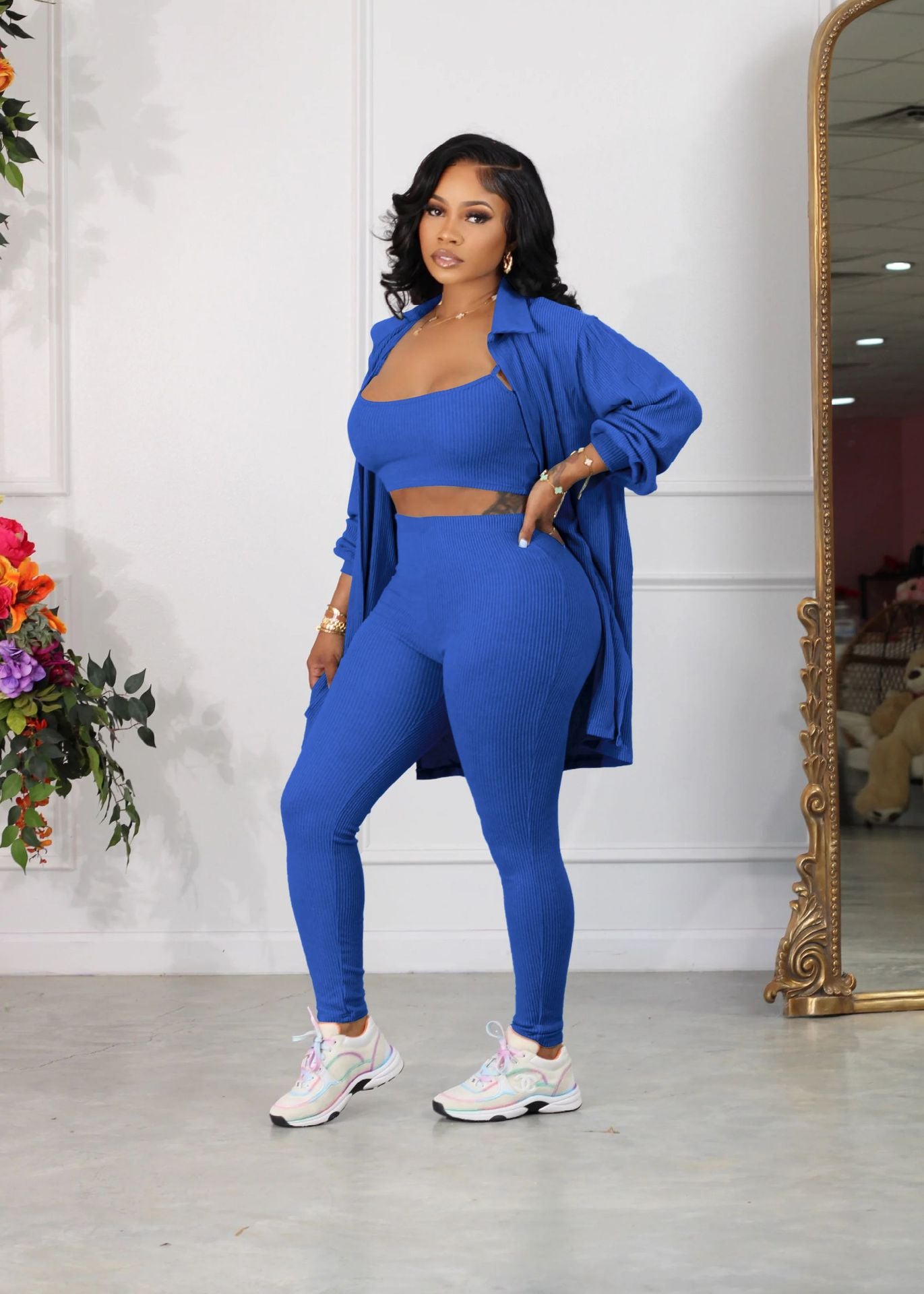 LADIES 3 PIECE PANTS SET BLACK / APRICOT / BLUE / GREEN (SIZE S - XL)