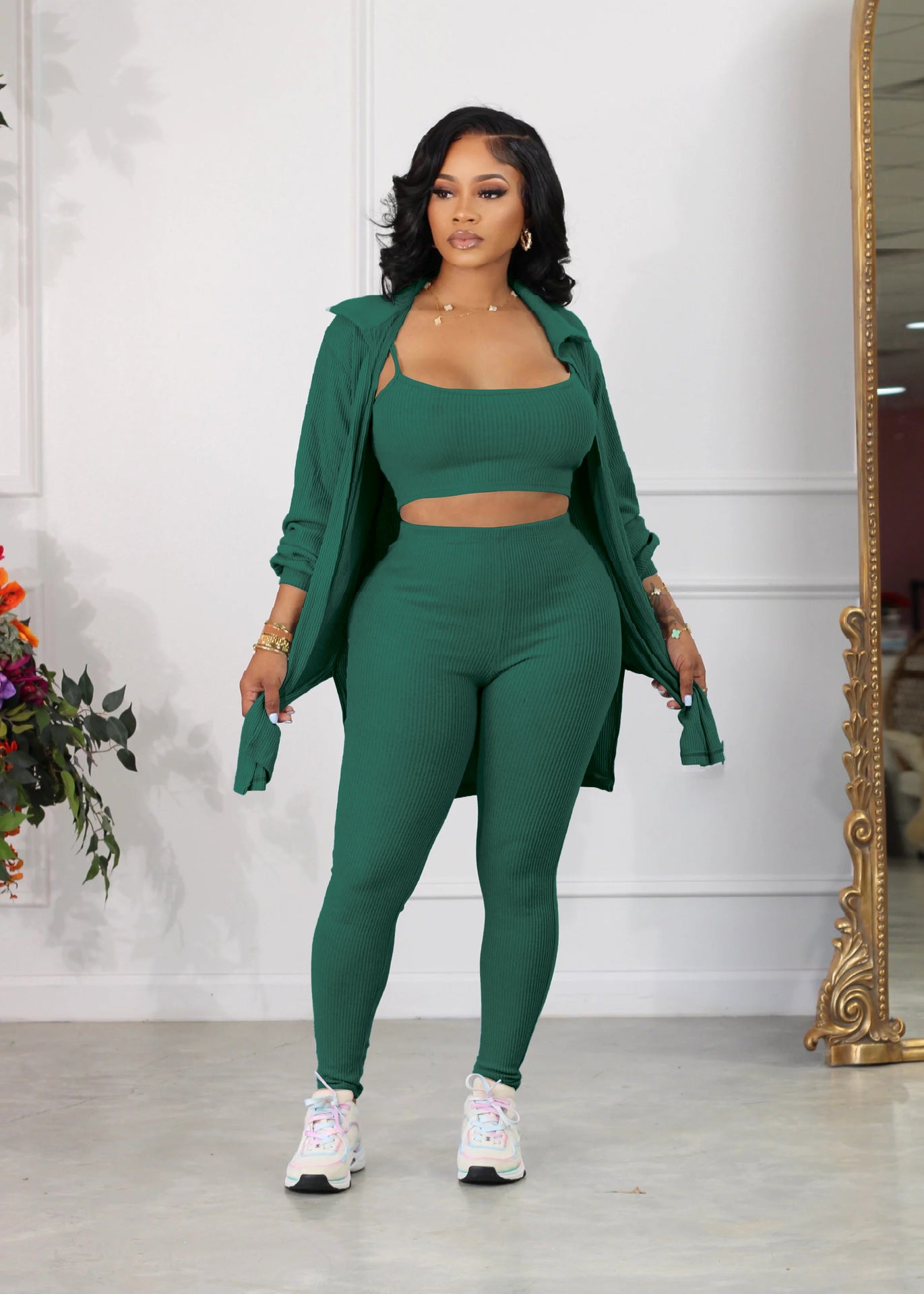LADIES 3 PIECE PANTS SET BLACK / APRICOT / BLUE / GREEN (SIZE S - XL)