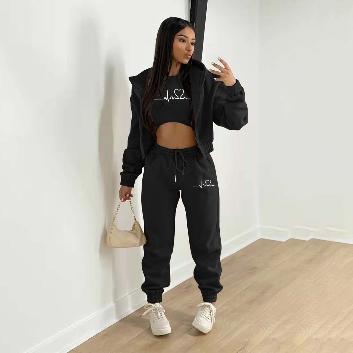 LADIES 3 PIECE HOODY & PANTS SET 10 COLOURS (SIZE S - 2XL)