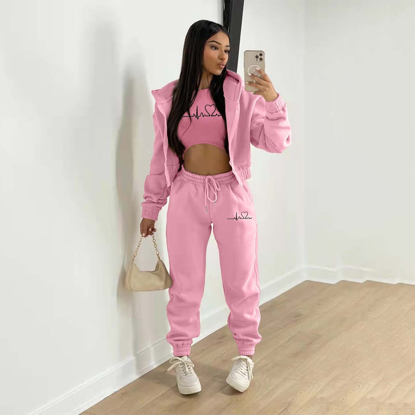 LADIES 3 PIECE HOODY & PANTS SET 10 COLOURS (SIZE S - 2XL)