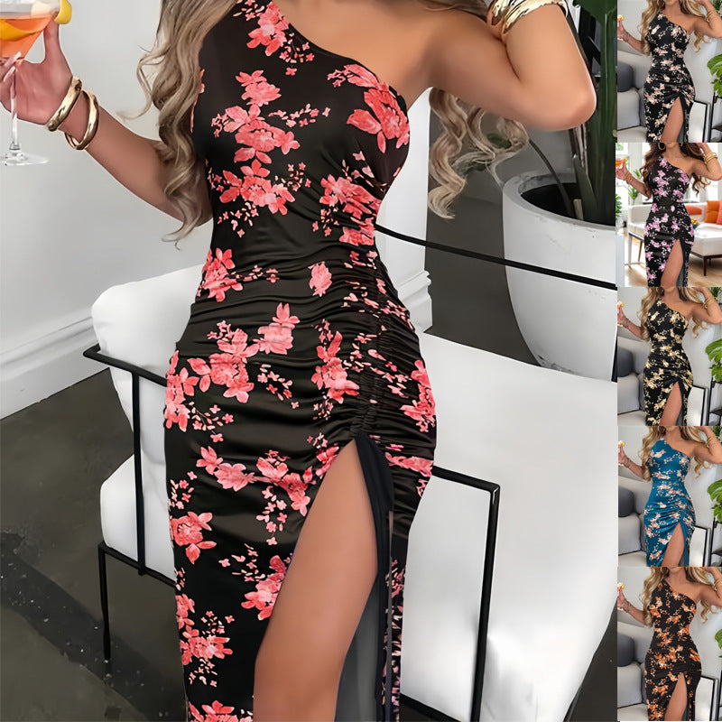 ONE SHOULDER LONG DRESS WITH SLIT 6 COLOURS (SIZE S - 5XL)