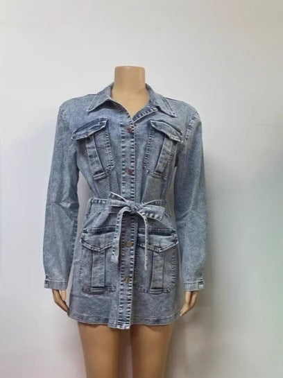 LADIES LONG SLEEVE DENIM DRESS BLUE DENIM (SIZE S - L)
