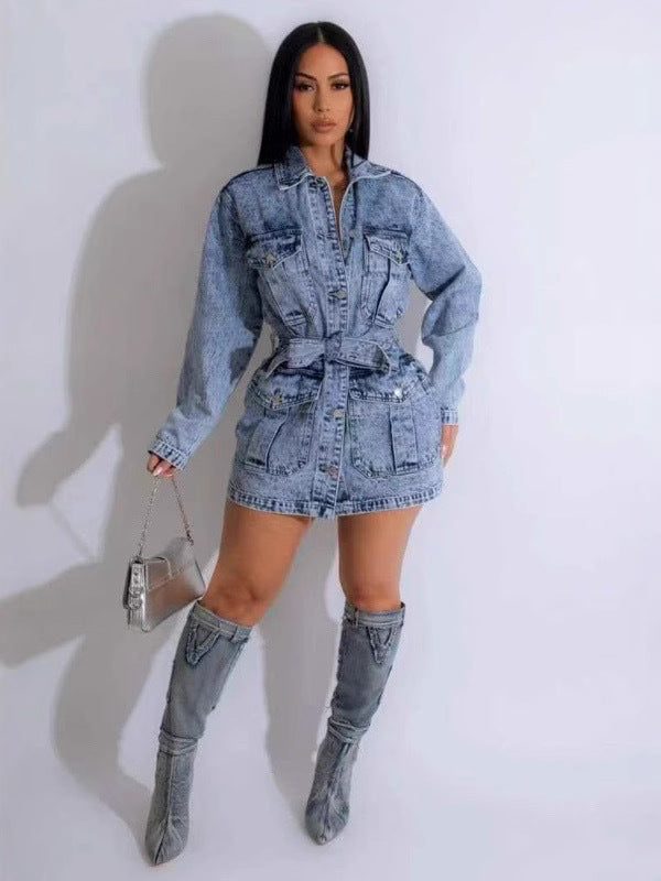 LADIES LONG SLEEVE DENIM DRESS BLUE DENIM (SIZE S - L)