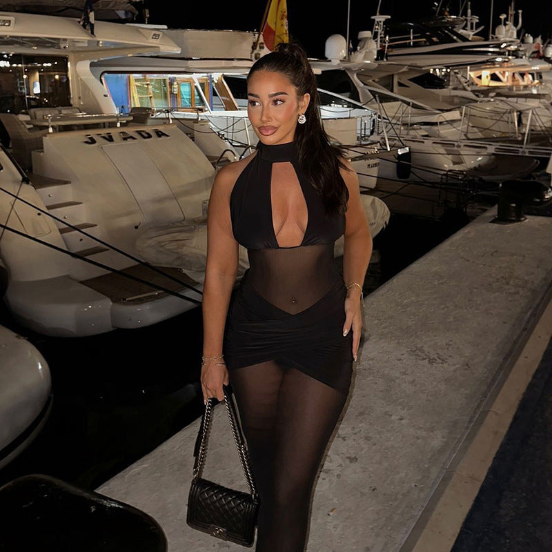LADIES HALTERNECK MESH DRESS BLACK (SIZE S - L)