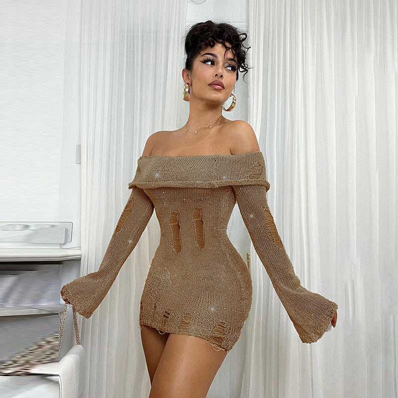 LADIES OFF THE SHOULDER LONG SLEEVE DRESS KHAKI (SIZE S - L)