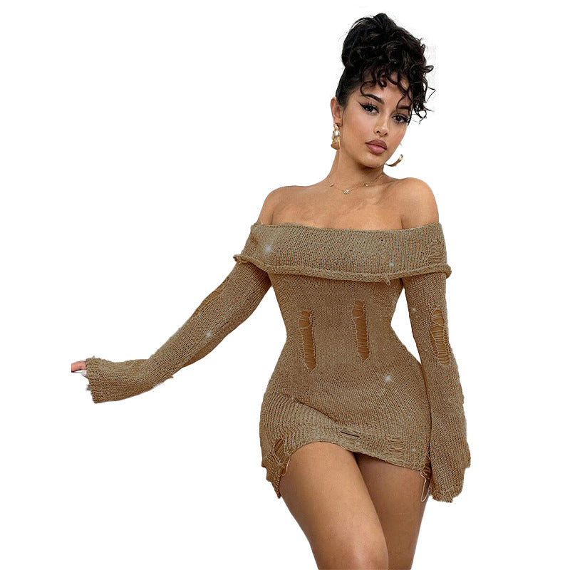 LADIES OFF THE SHOULDER LONG SLEEVE DRESS KHAKI (SIZE S - L)