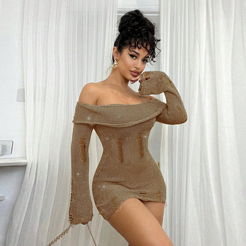 LADIES OFF THE SHOULDER LONG SLEEVE DRESS KHAKI (SIZE S - L)