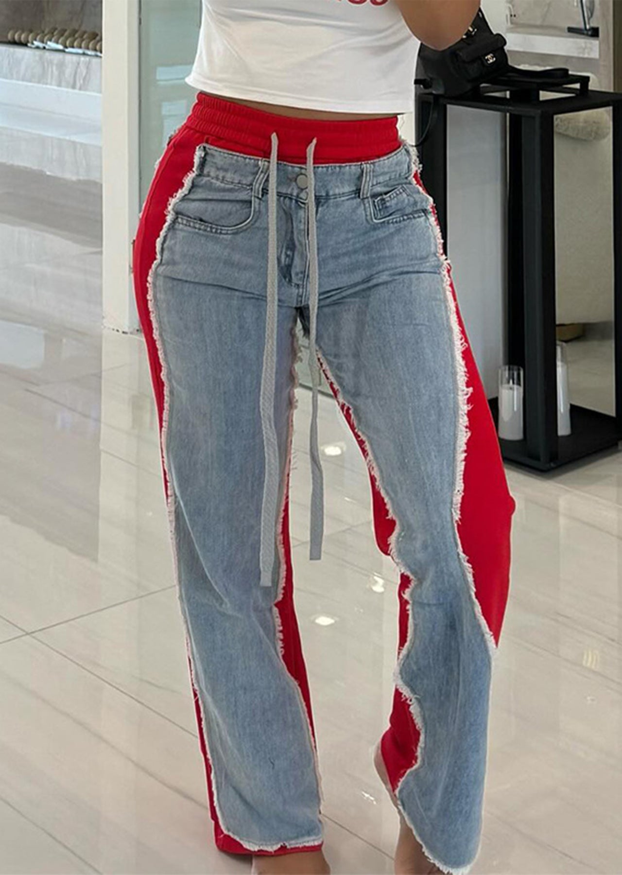 LADIES DENIM PANTS WHITE / BLACK / RED (SIZE S - 2XL)