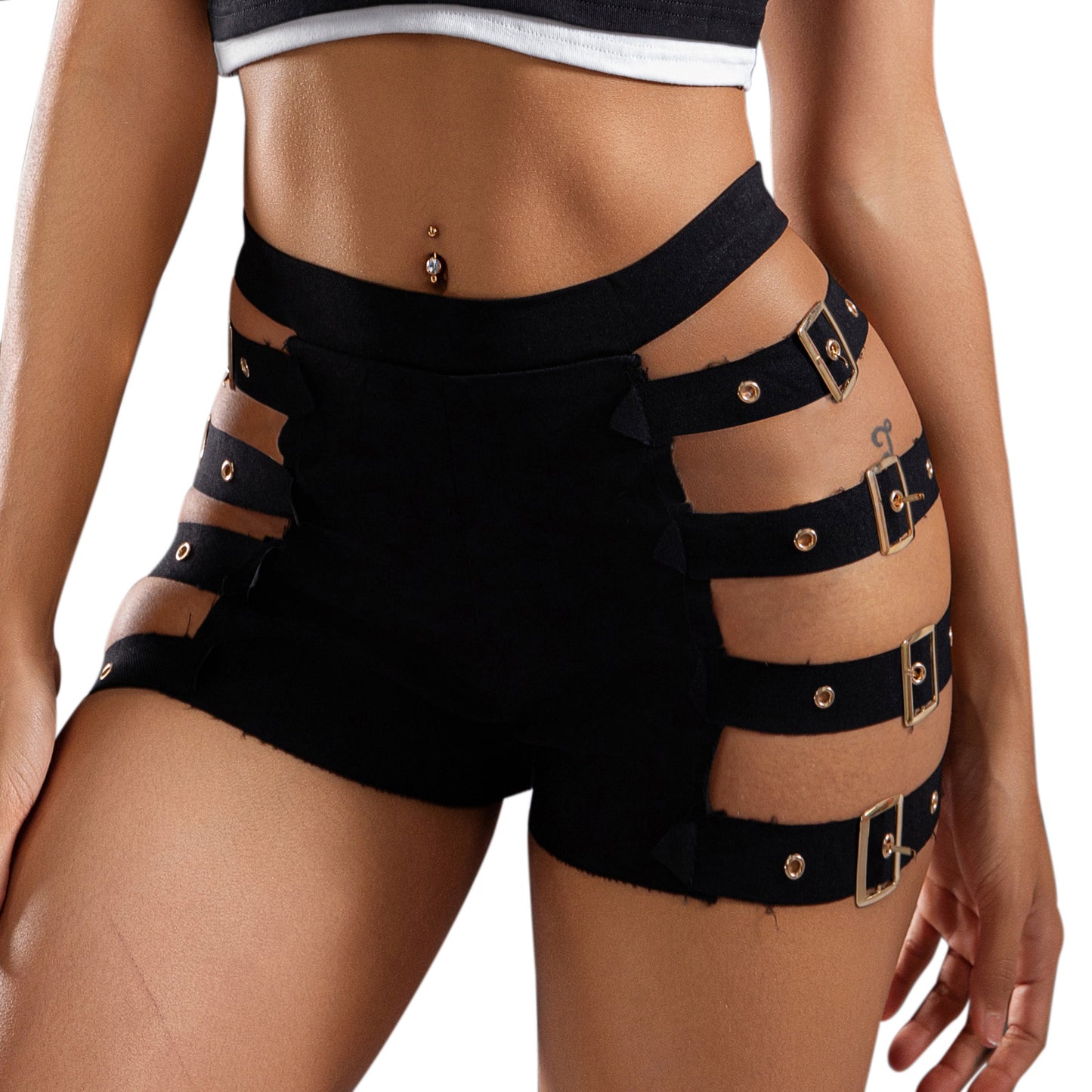 LADIES HIGH WAIST CUT OUT SHORTS BLACK / WHITE (SIZE S - 2XL)