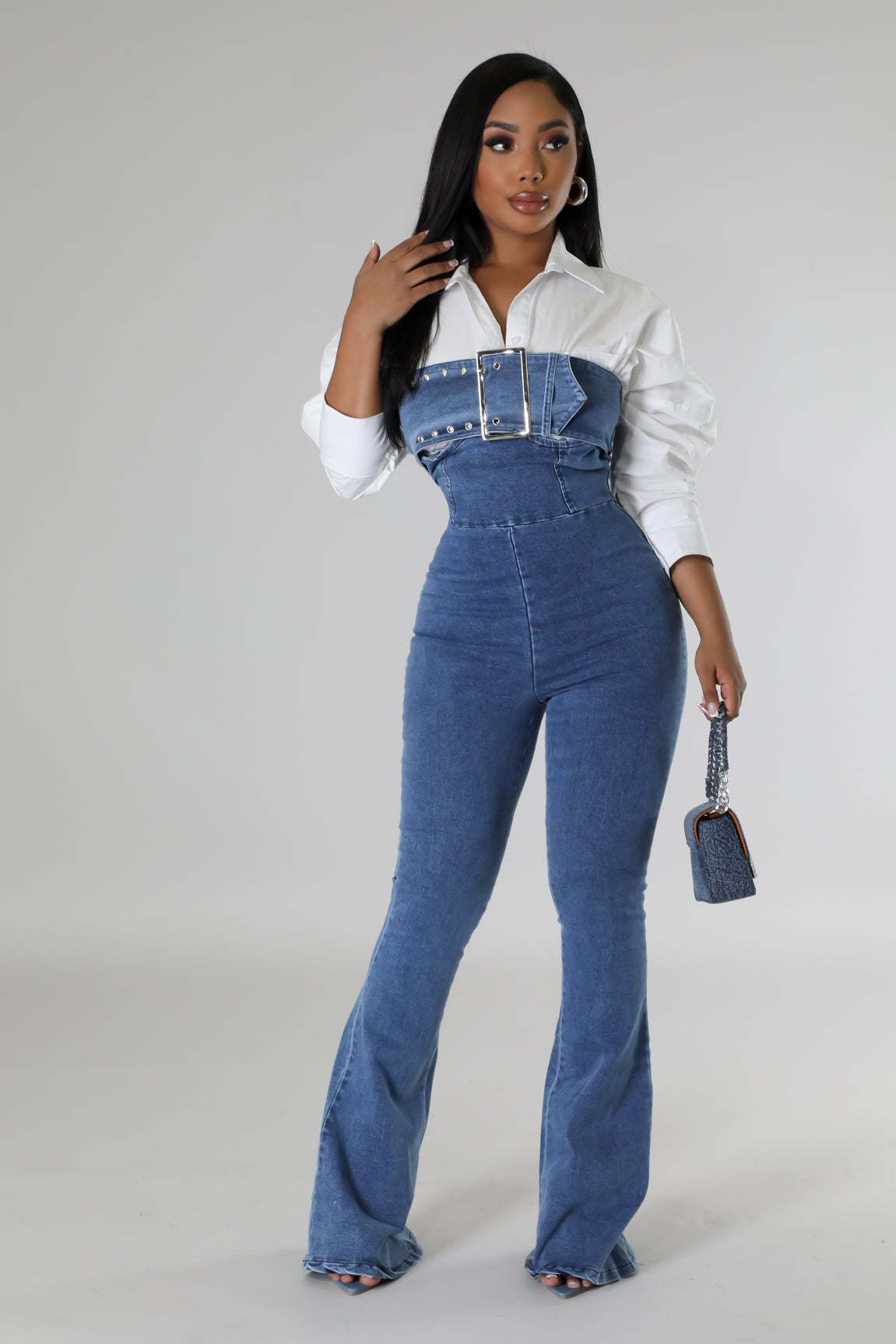 LADIES STRAPLESS DENIM JUMPSUIT BLUE DENIM (SIZE S - 2XL)