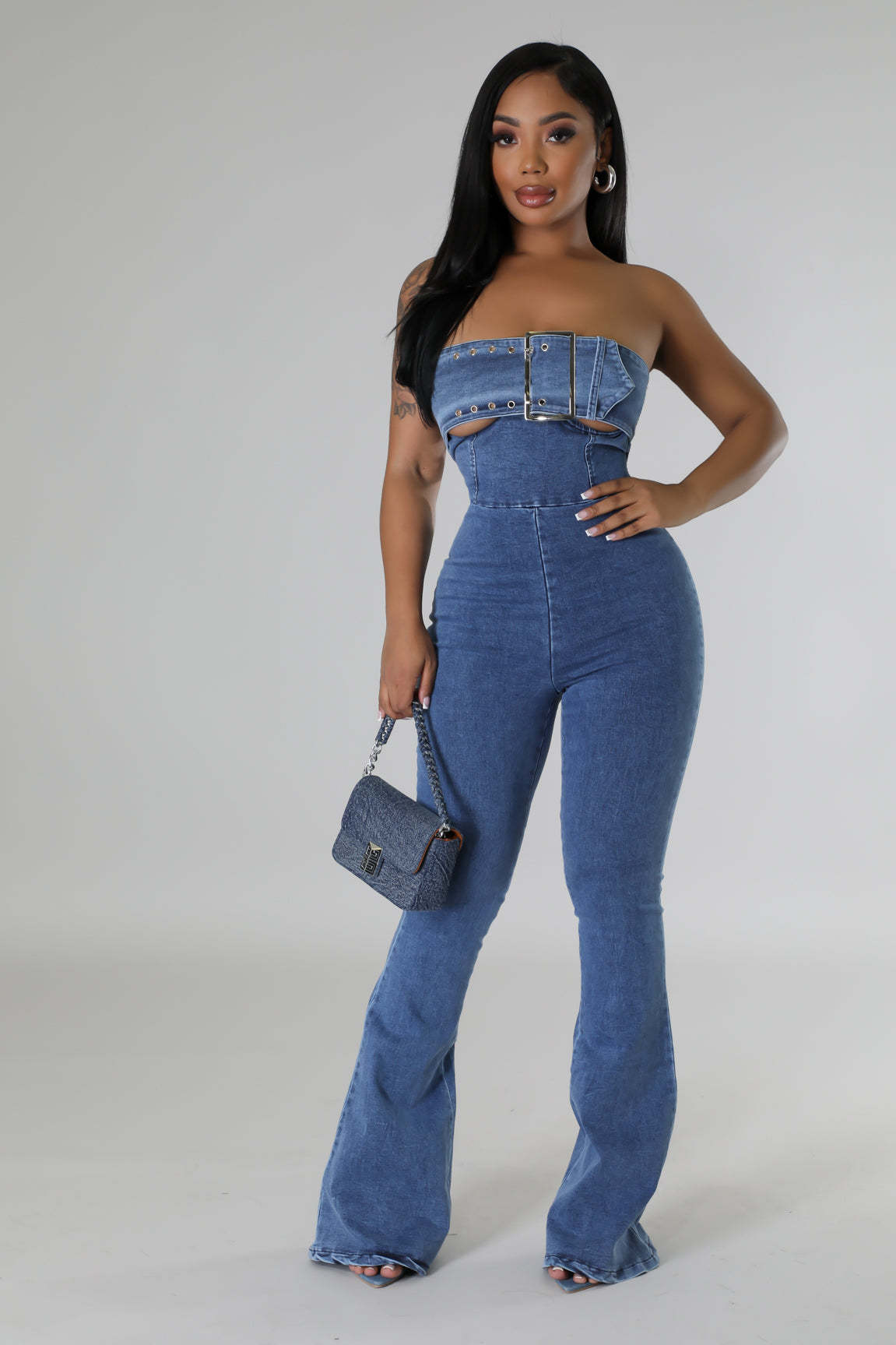 LADIES STRAPLESS DENIM JUMPSUIT BLUE DENIM (SIZE S - 2XL)