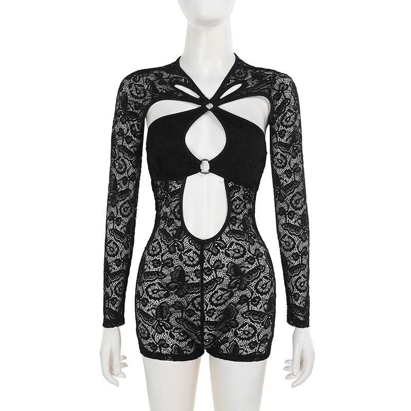LADIES ONE PIECE LACE JUMPSUIT / ROMPER BLACK (SIZE S - L)