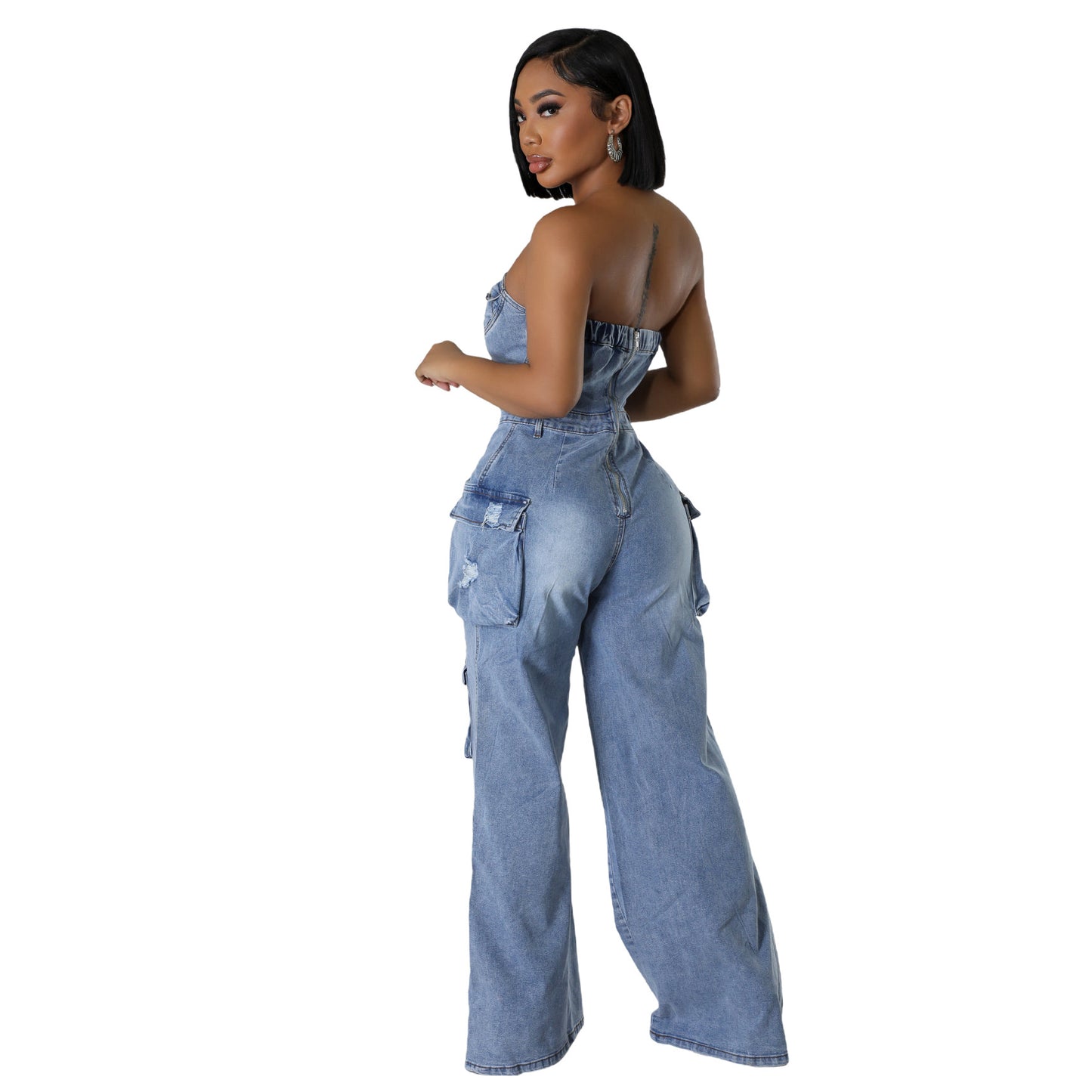 LADIES ONE PIECE DENIM JUMPSUIT LIGHT BLUE DENIM (SIZE S - 2XL)