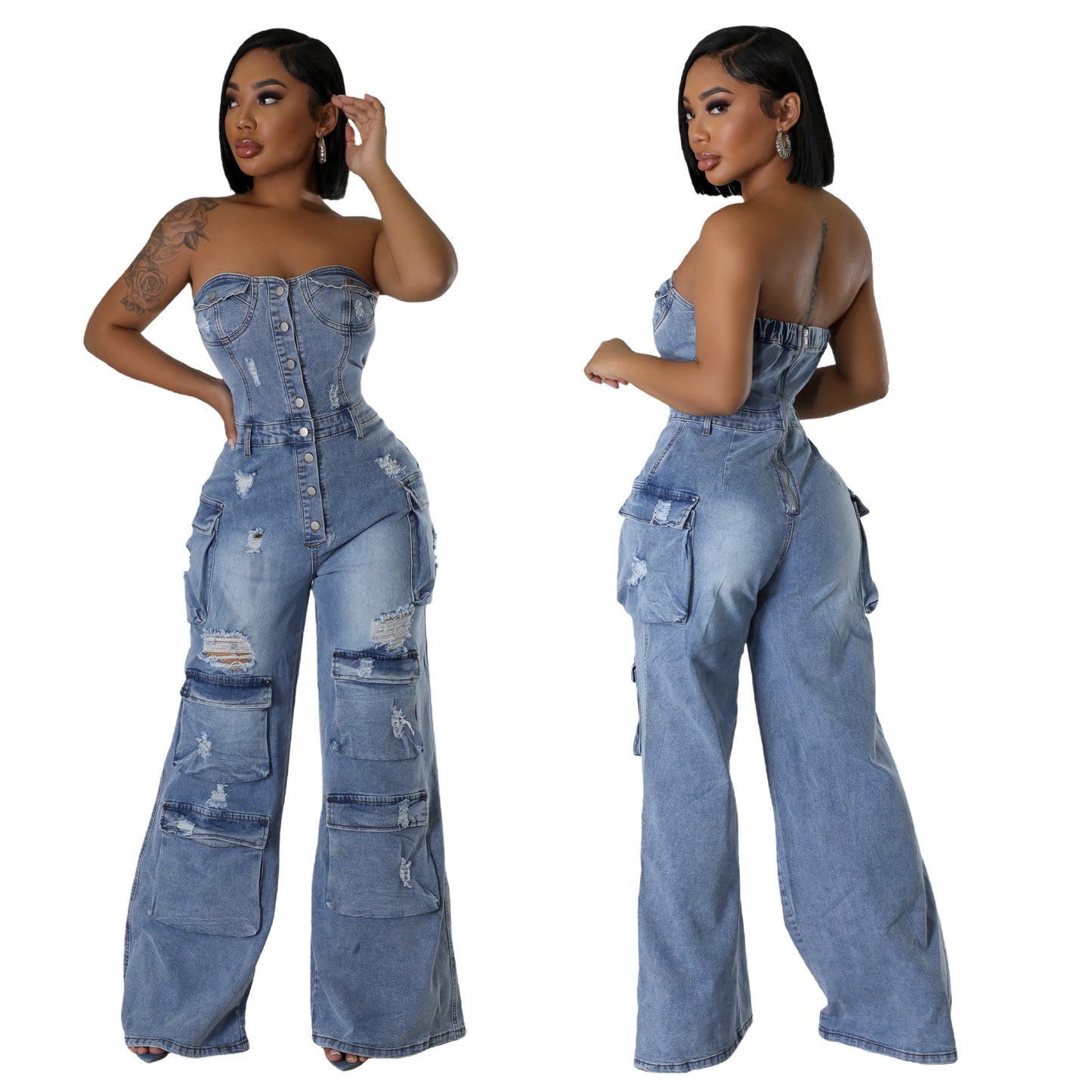 LADIES ONE PIECE DENIM JUMPSUIT LIGHT BLUE DENIM (SIZE S - 2XL)