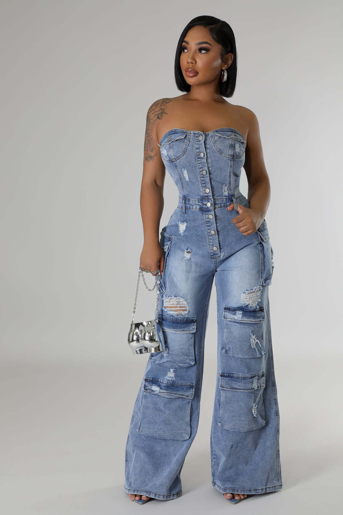 LADIES ONE PIECE DENIM JUMPSUIT LIGHT BLUE DENIM (SIZE S - 2XL)