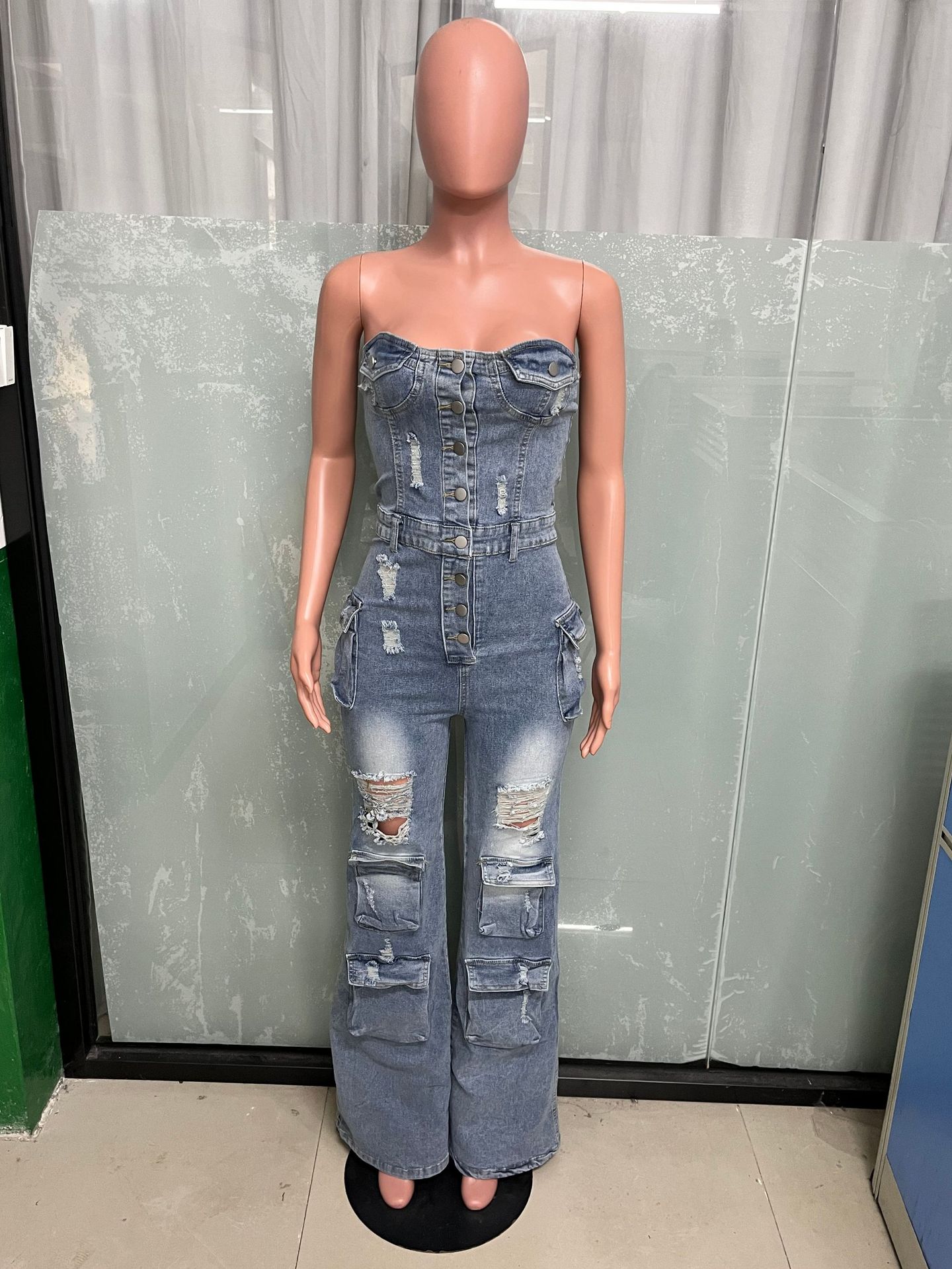 LADIES ONE PIECE DENIM JUMPSUIT LIGHT BLUE DENIM (SIZE S - 2XL)