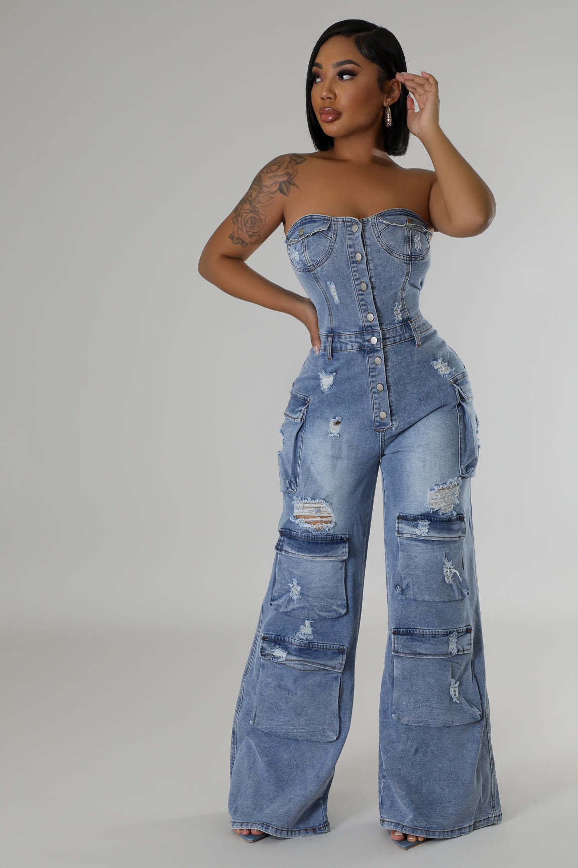 LADIES ONE PIECE DENIM JUMPSUIT LIGHT BLUE DENIM (SIZE S - 2XL)
