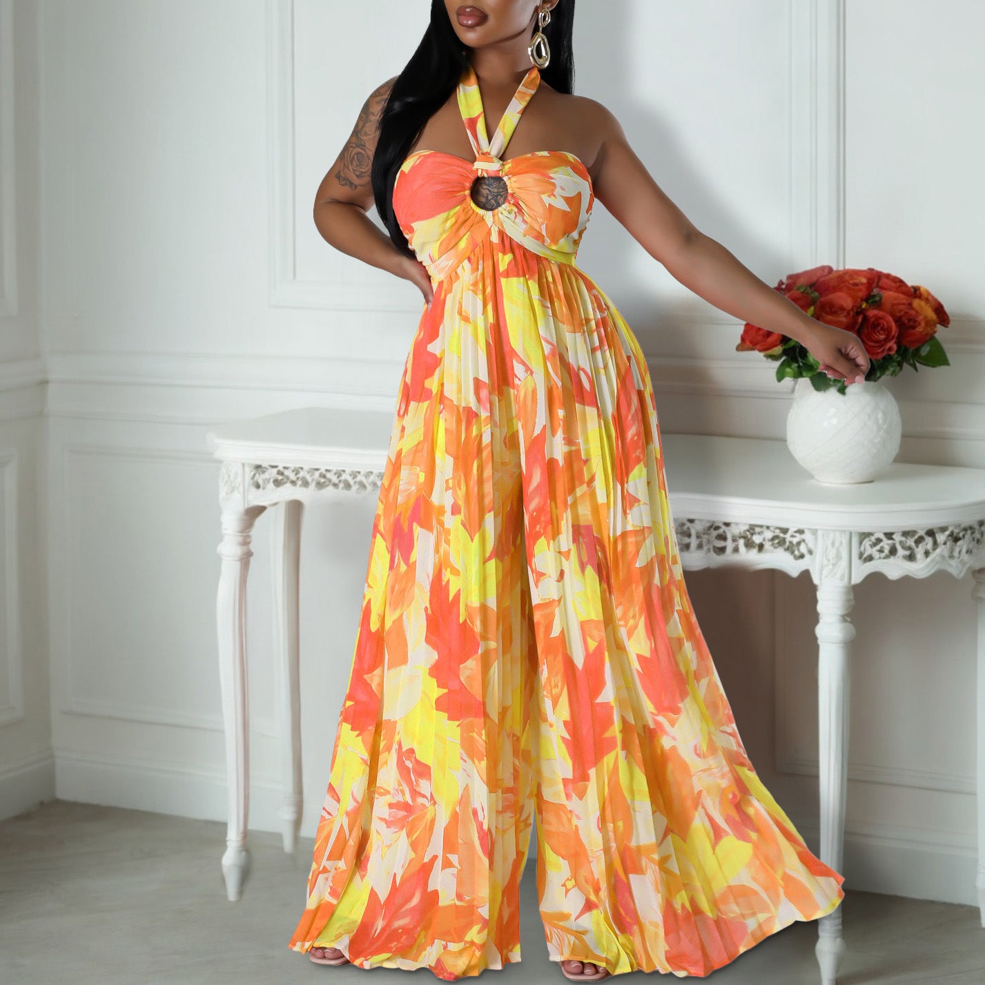 LADIES ONE PIECE WIDE LEG JUMPSUIT RED PINK / YELLOW ORANGE (SIZE S - 3XL)