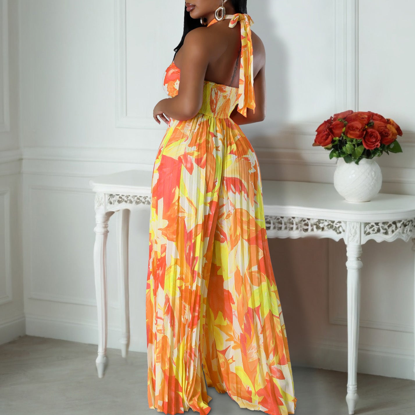 LADIES ONE PIECE WIDE LEG JUMPSUIT RED PINK / YELLOW ORANGE (SIZE S - 3XL)