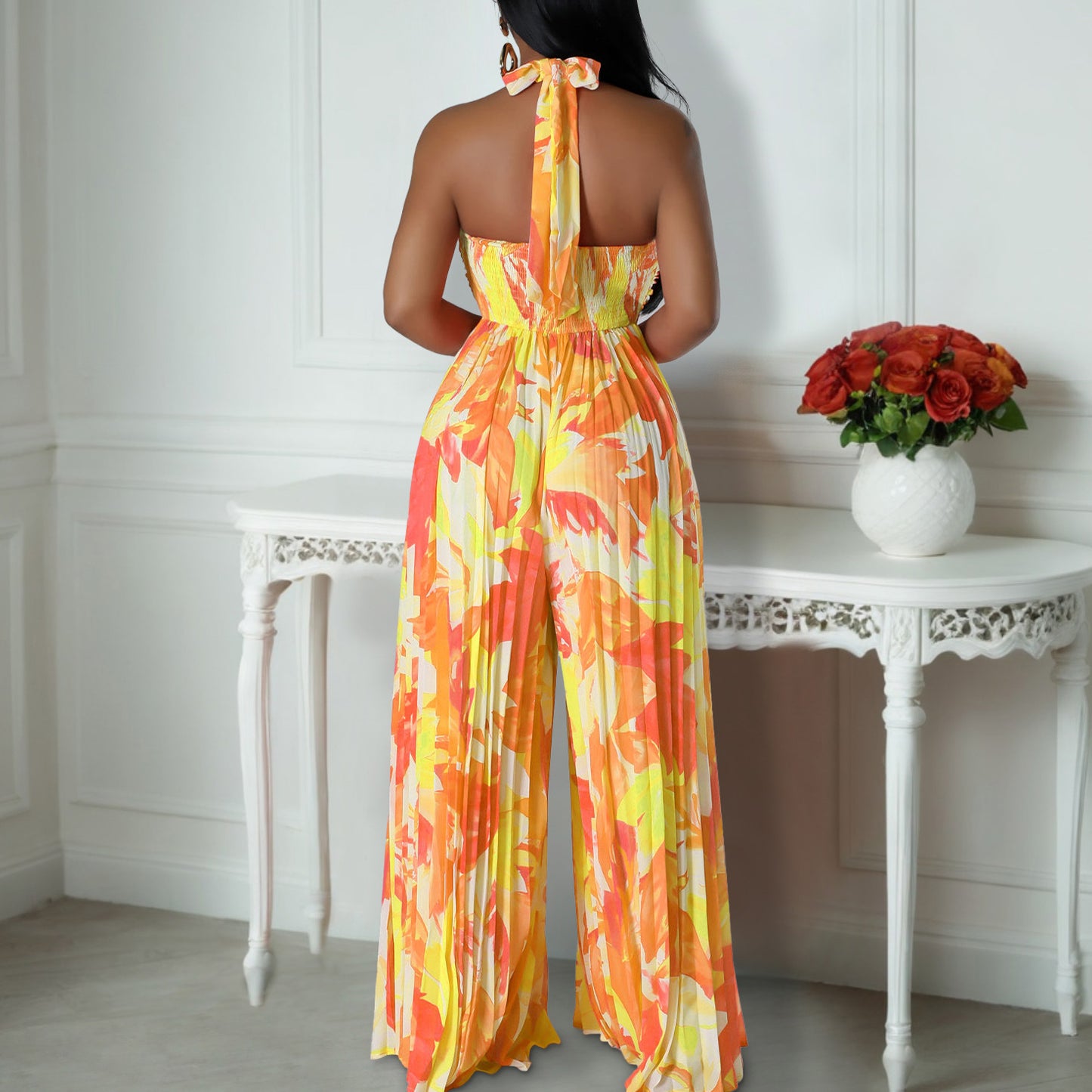 LADIES ONE PIECE WIDE LEG JUMPSUIT RED PINK / YELLOW ORANGE (SIZE S - 3XL)