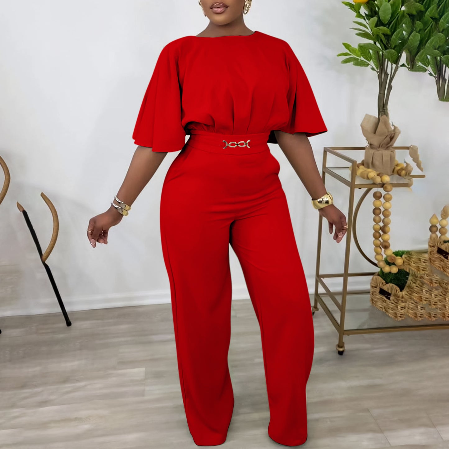 LADIES ONE PIECE WIDE LEG JUMPSUIT PINK / BLUE / GREEN / BLACK / RED (SIZE S - 3XL)