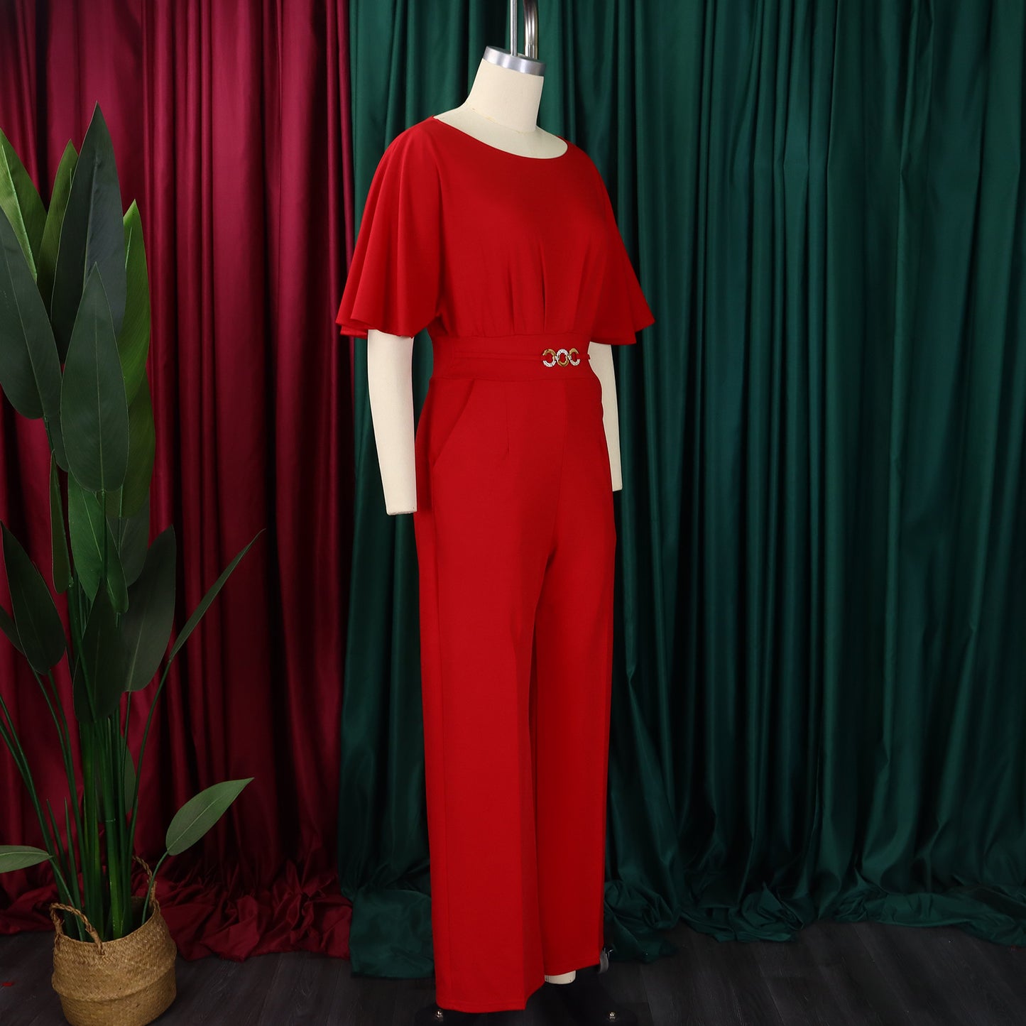 LADIES ONE PIECE WIDE LEG JUMPSUIT PINK / BLUE / GREEN / BLACK / RED (SIZE S - 3XL)