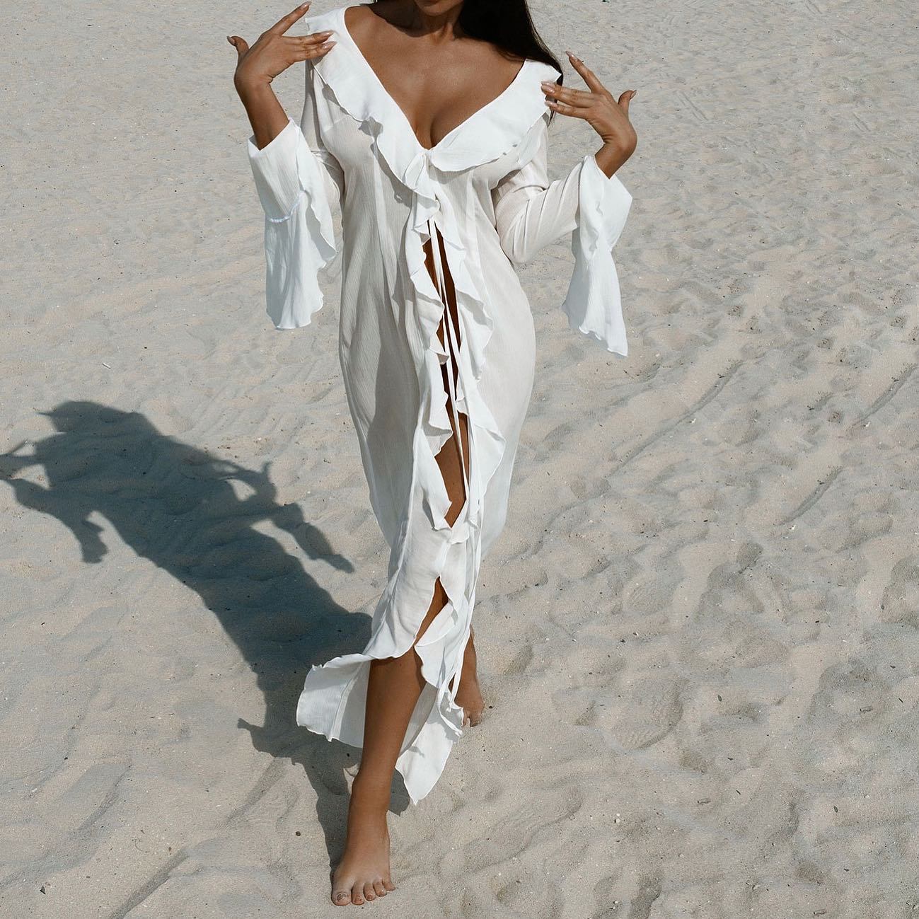 LADIES LONG SLEEVE BEACHWEAR COVER UP DRESS WHITE / BLACK (SIZE S - L)