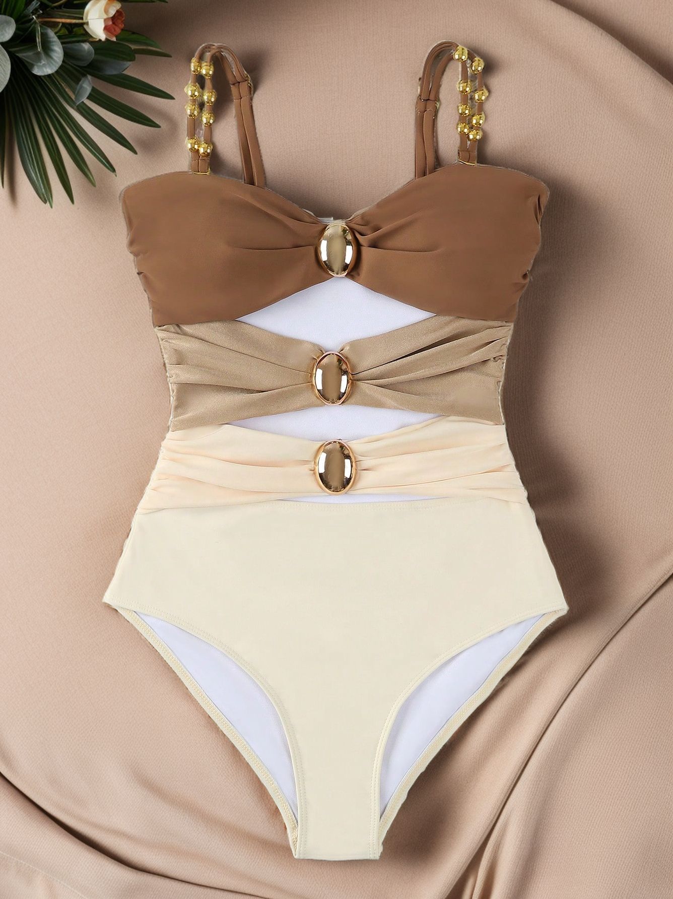 LADIES ONE PIECE SWIMSUIT SWIMWEAR APRICOT / BLACK (SIZE S - 2XL)