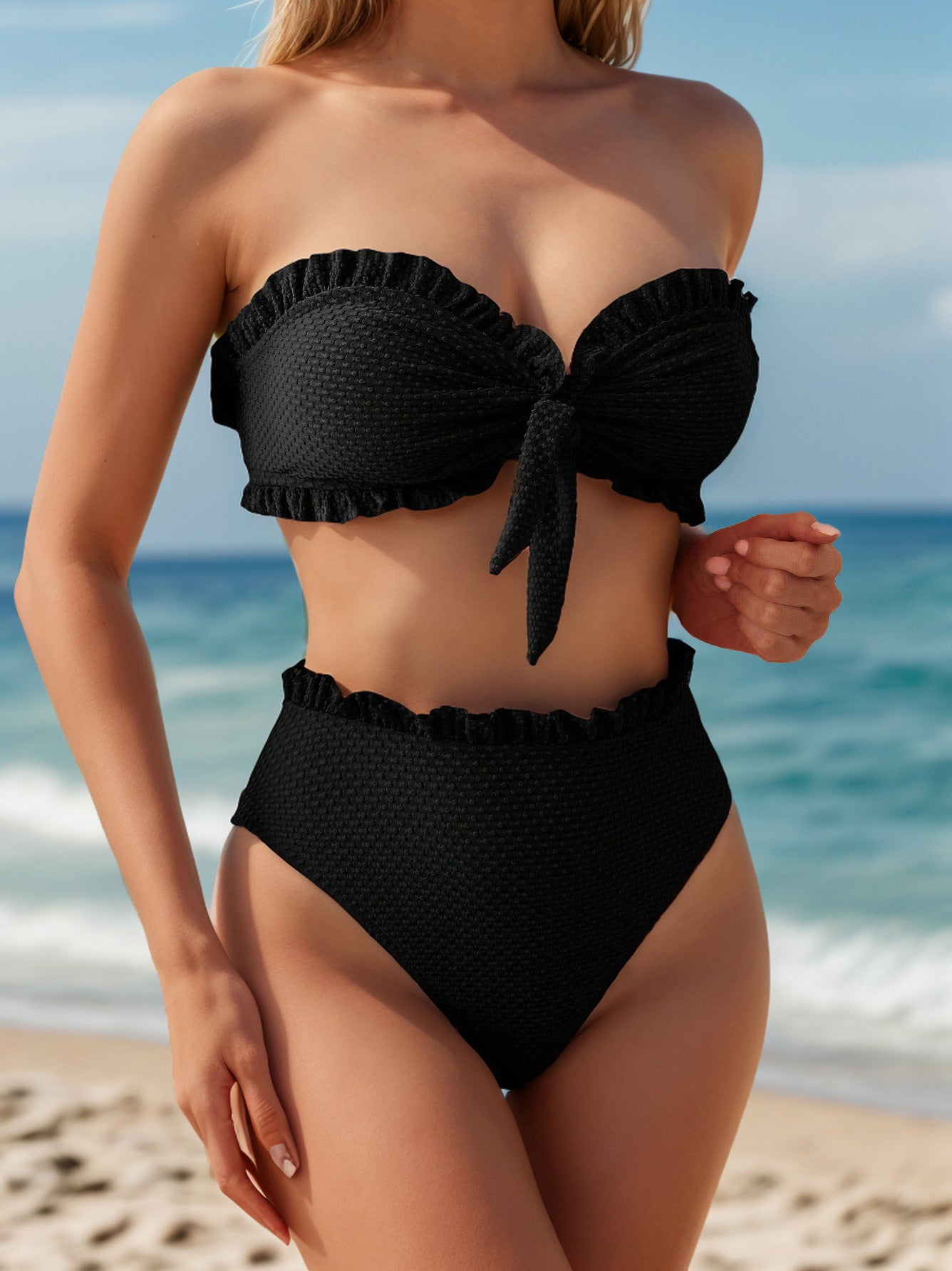 LADIES STRAPLESS TWO PIECE SWIMSUIT BIKINI SWIMWEAR BLACK / PINK ORANGE (SIZE S - XL)