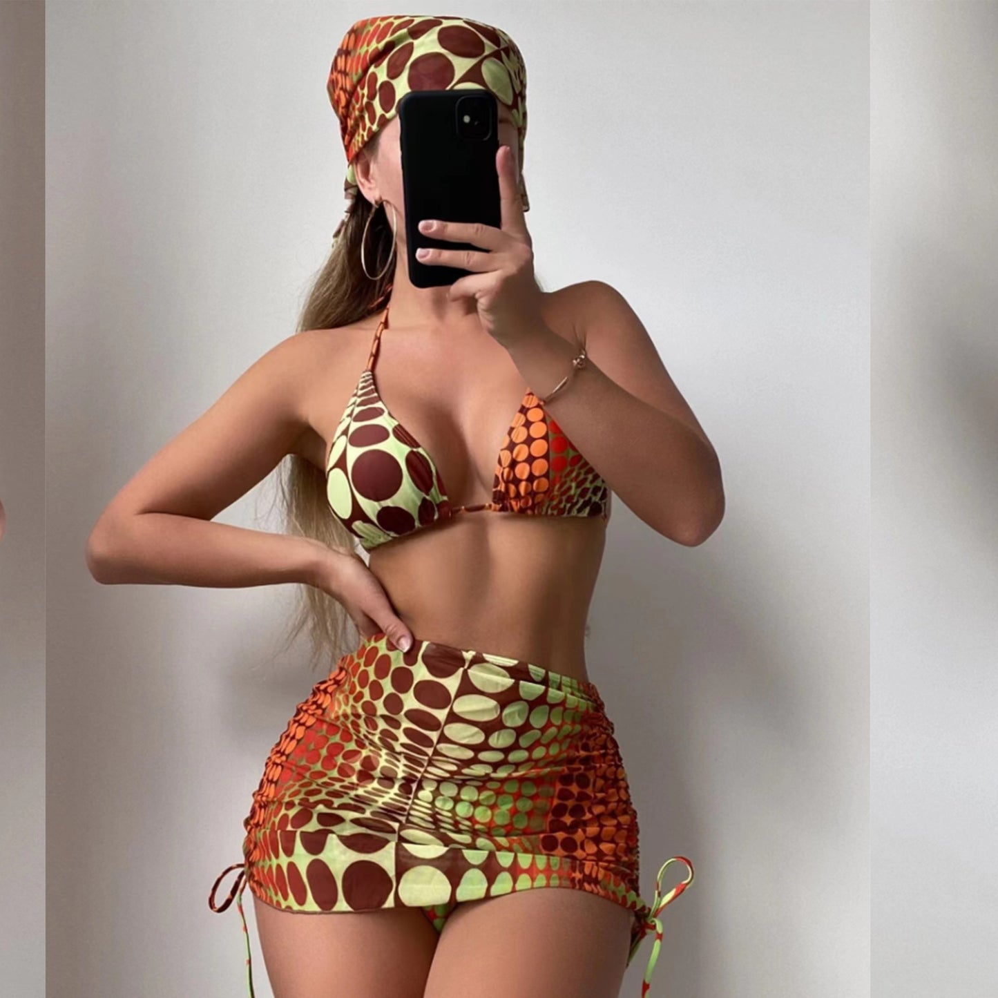 LADIES 4 PIECE SWIMSUIT SWIMWEAR SET ORANGE / DARK BLUE / GREEN (SIZE S - XL)