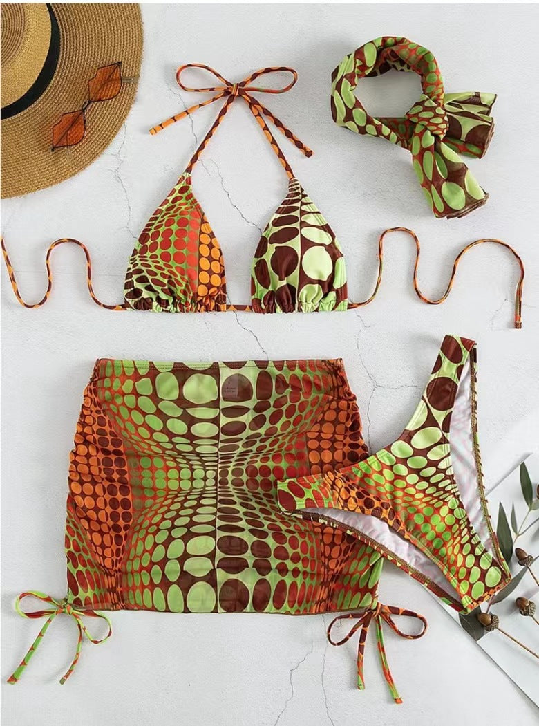 LADIES 4 PIECE SWIMSUIT SWIMWEAR SET ORANGE / DARK BLUE / GREEN (SIZE S - XL)