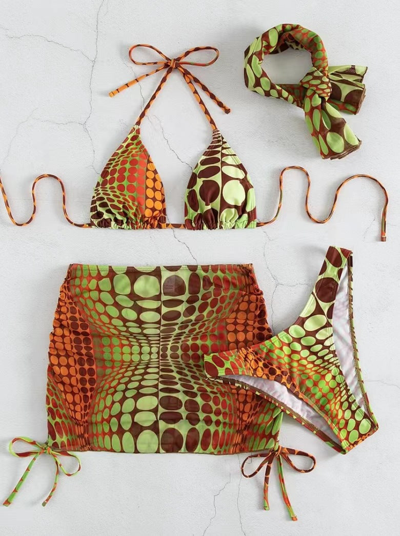 LADIES 4 PIECE SWIMSUIT SWIMWEAR SET ORANGE / DARK BLUE / GREEN (SIZE S - XL)