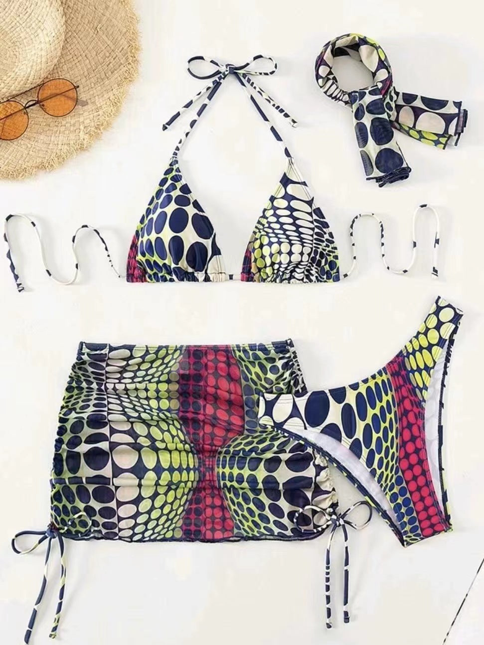LADIES 4 PIECE SWIMSUIT SWIMWEAR SET ORANGE / DARK BLUE / GREEN (SIZE S - XL)